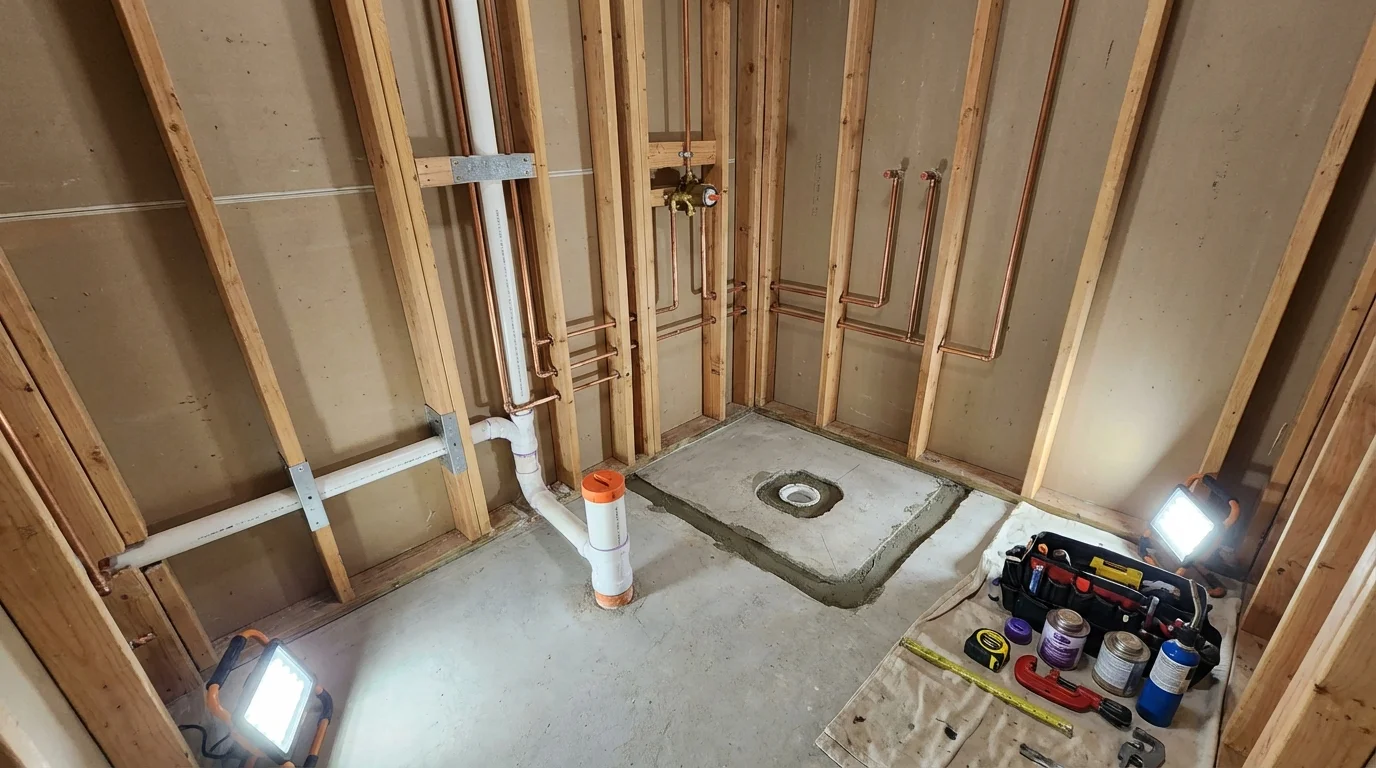 Bathroom rough-in plumbing during remodel by Johns Plumbing LLC in Van Wert