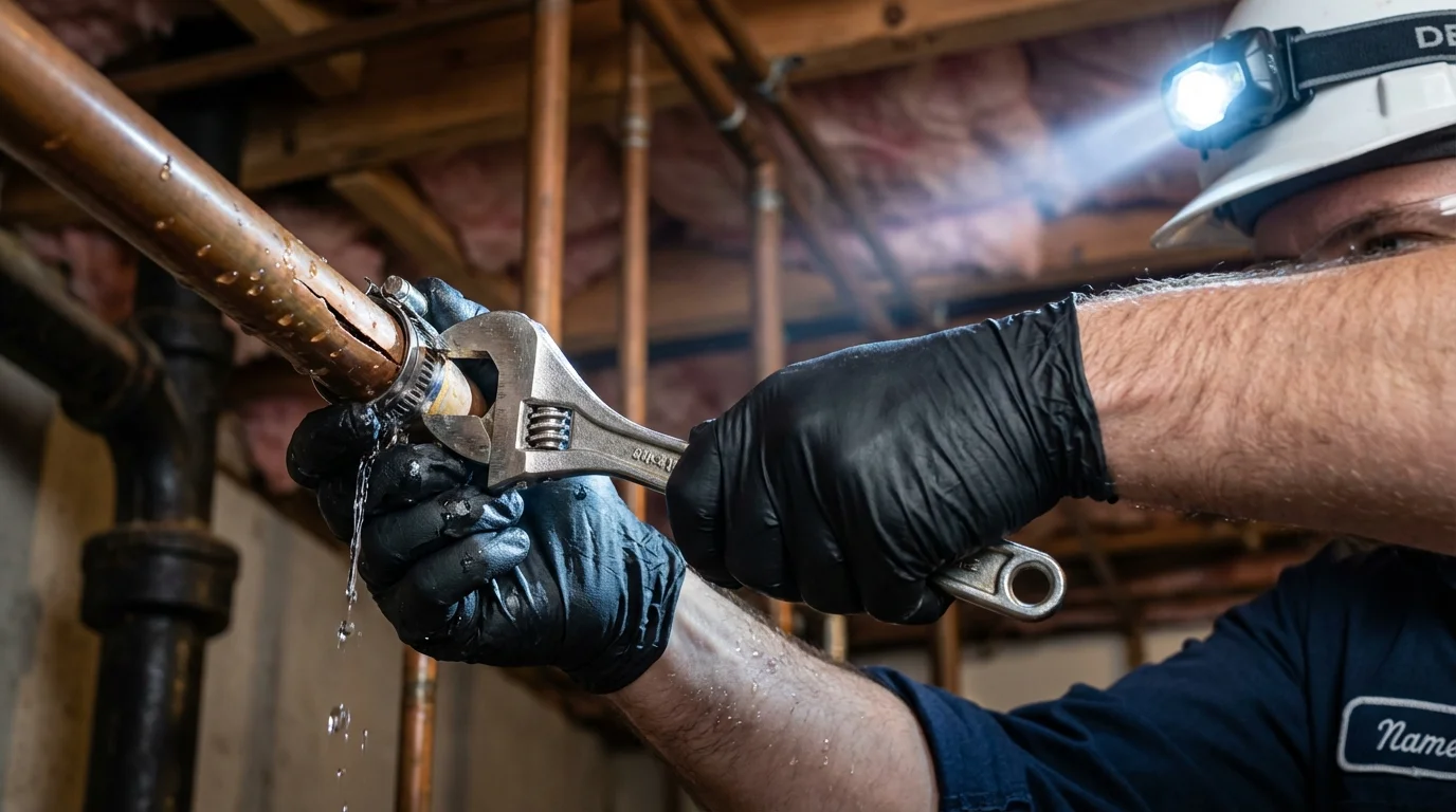 Emergency pipe clamp repair being performed by a Johns Plumbing LLC plumber in Van Wert