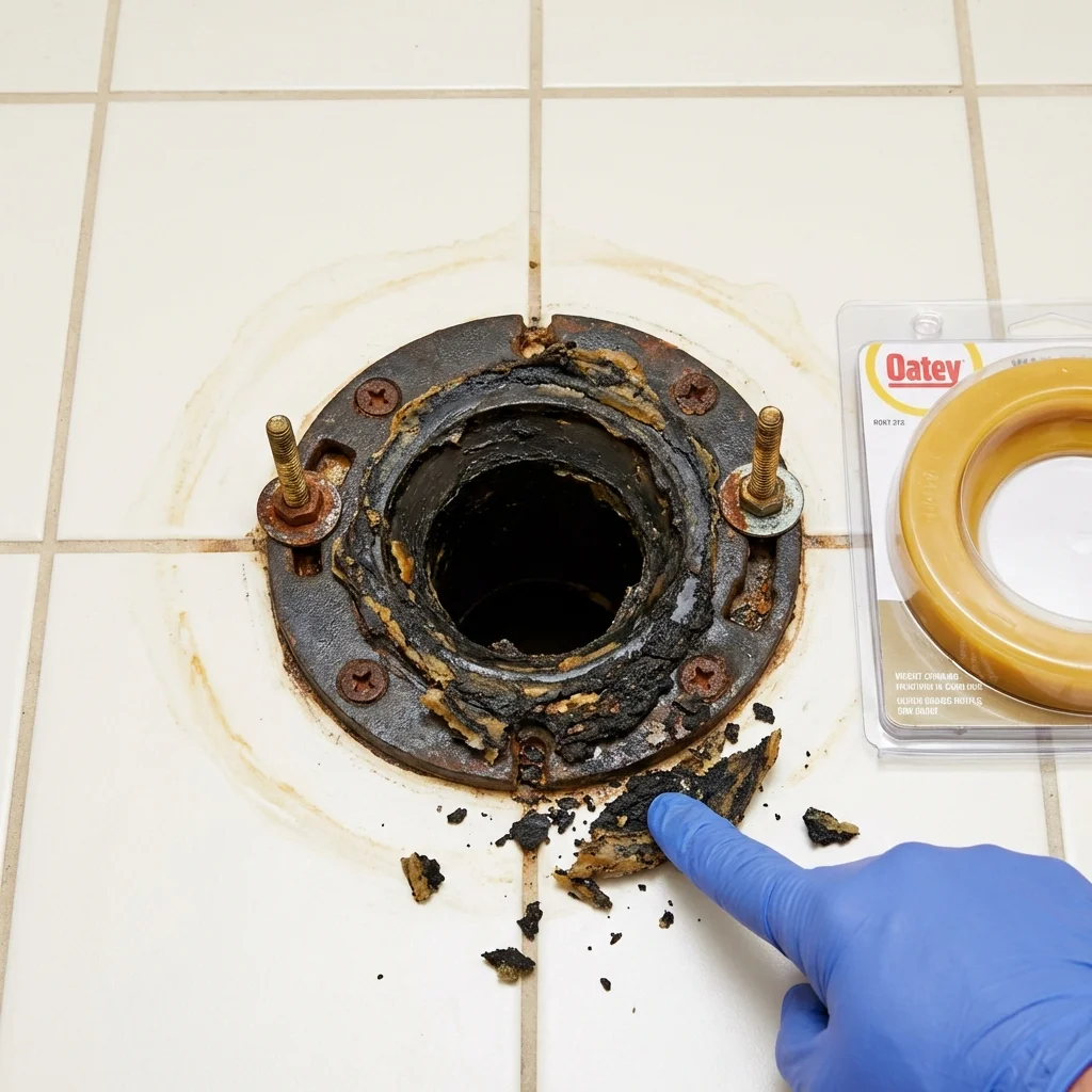 Failed wax ring showing water seepage at the base of a toilet in a Van Wert, OH home